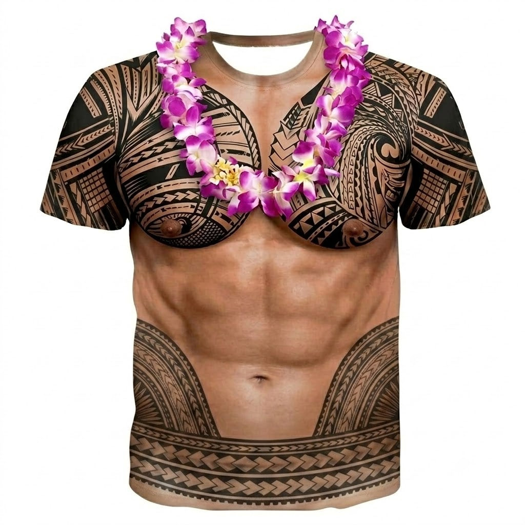 Funny Abs Polynesian Tattoo Shirt Flowers Necklace Printed T Shirt