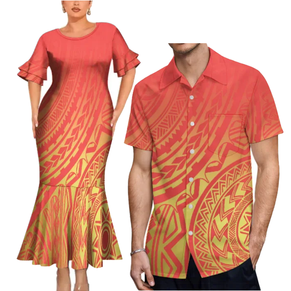 Polynesian Tribal Pattern Orange Couples Matching Outfit Fishtail Skirt Dress And Shirt For Her Him