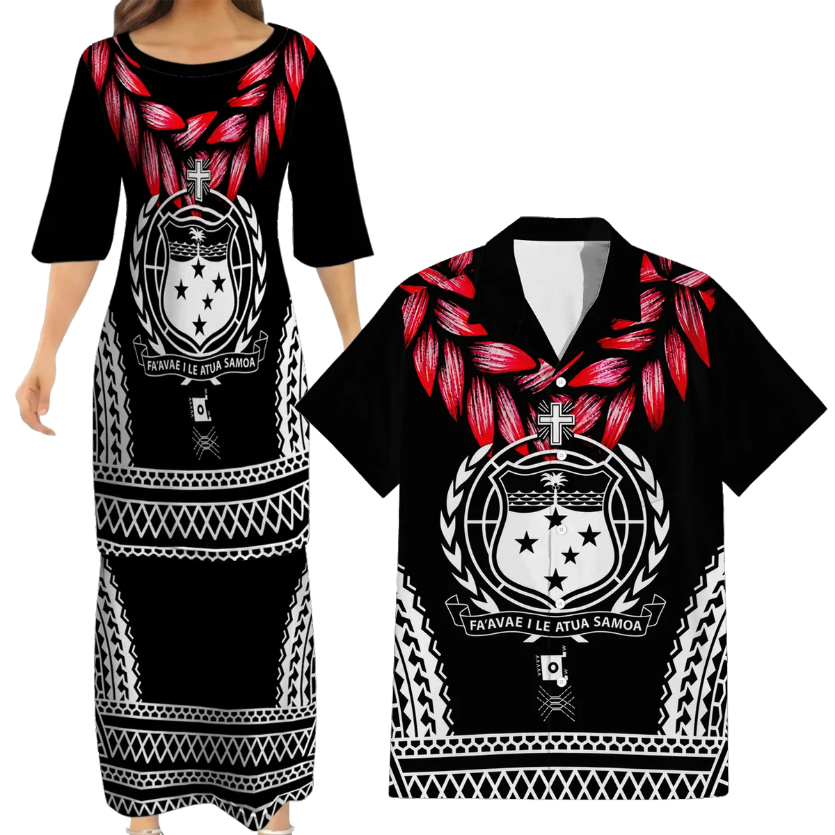 Samoa Ula Fala Necklace Couple Outfit Matching Polynesian Tribal Pattern Black Dress And Hawaiian Shirt