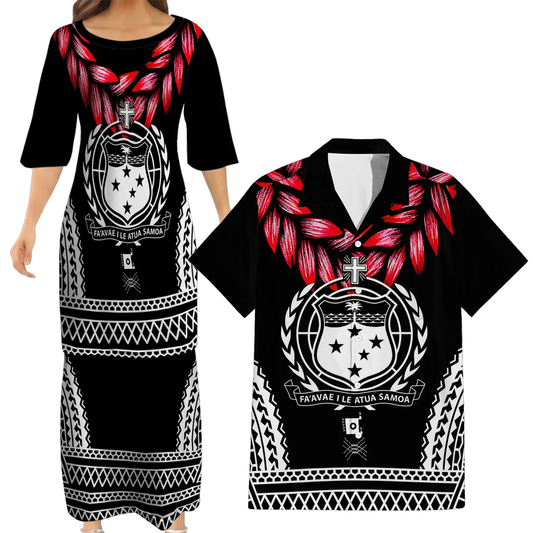 Samoa Ula Fala Necklace Couple Outfit Matching Polynesian Tribal Pattern Black Dress And Hawaiian Shirt