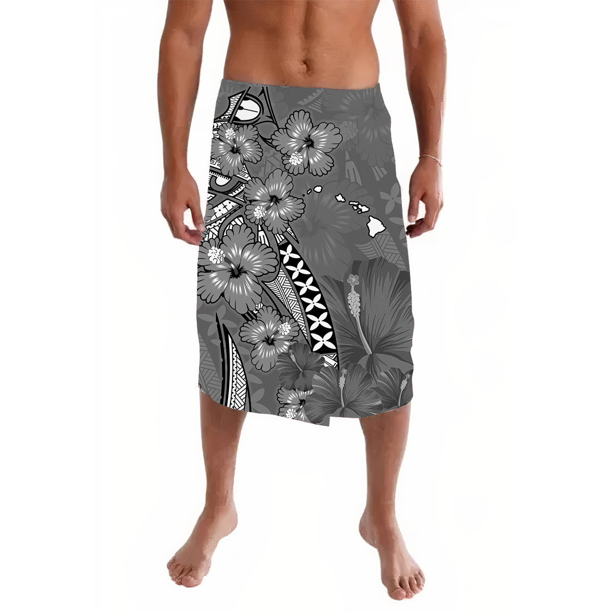 Hawaii Lavalava Polynesia Gray Hibiscus and Map Mystical