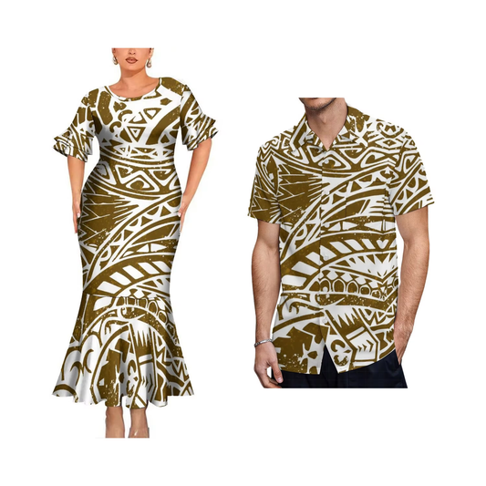 Polynesian Tribal Pattern Vintage Couple Matching Outfit Women Crew Neck Mermaid Dress and Shirt
