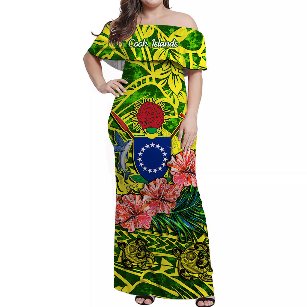 Cook Islands Off Shoulder Long Dress Hibiscus and Turtles Green