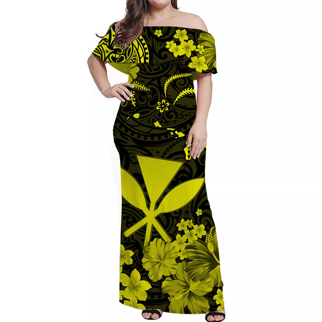Hawaii Off Shoulder Long Dress Polynesia Yellow Kanaka Maoli
