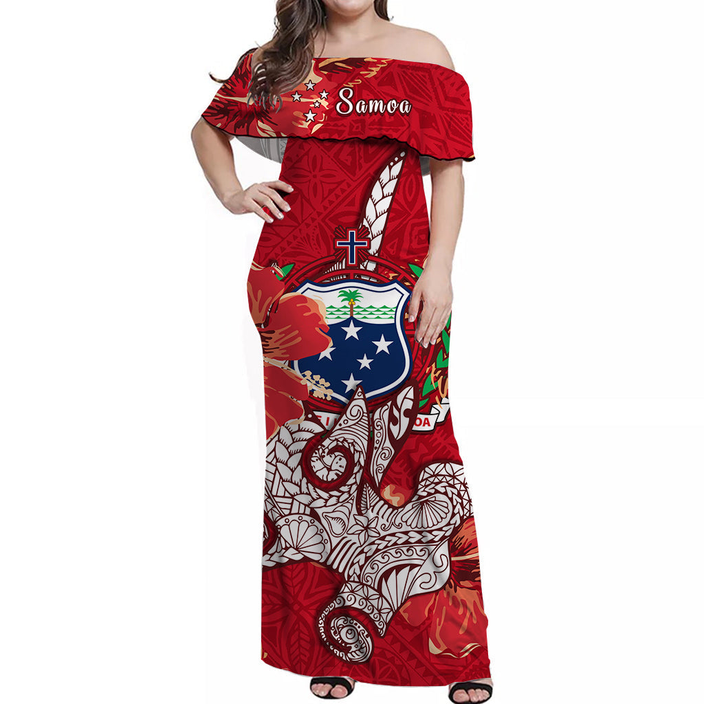 Samoa Off Shoulder Long Dress Hammerhead Shark and Hibiscus Red