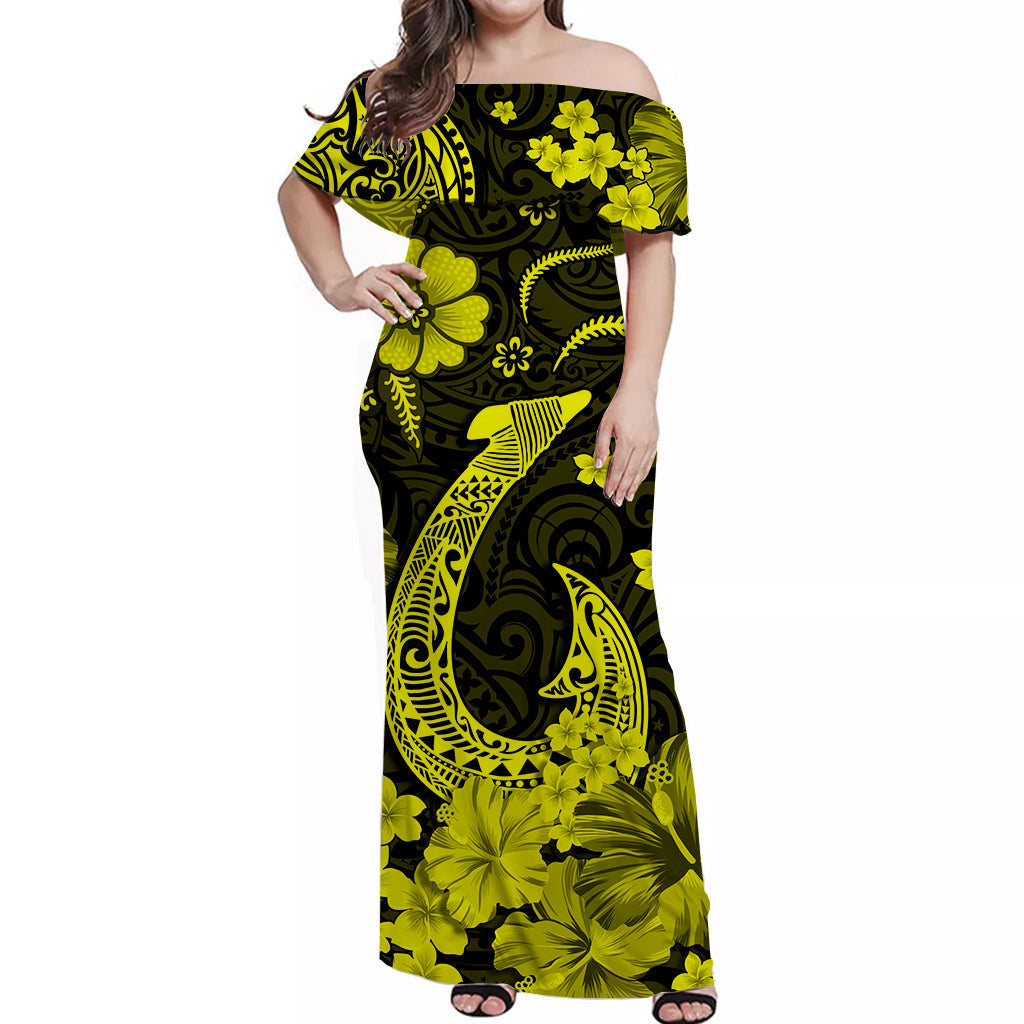 Hawaii Off Shoulder Long Dress Polynesia Yellow Fish Hook