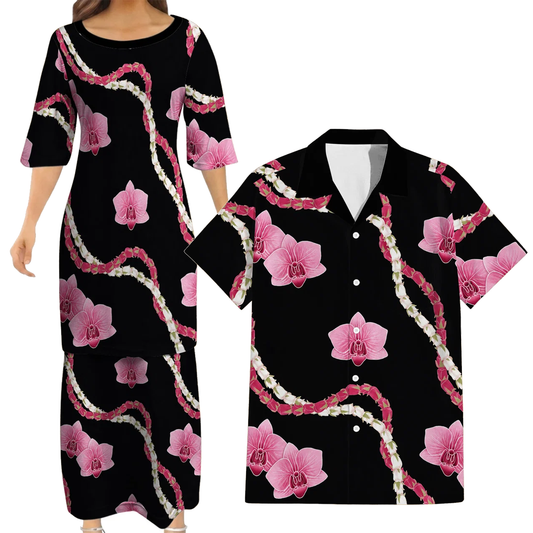 Puakenikeni Pikake Lei Curve Lei Flower Matching Outfit For Couple Polynesian Black Puletasi Dress And Shirt