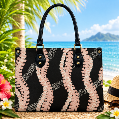 Tropical Puakenikeni Hawaiian Flower Lei Leather Black Handbag Gift For Her