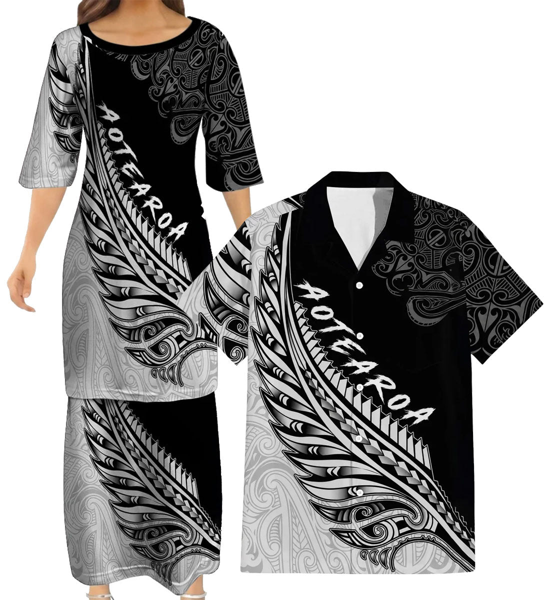 New Zealand Matching Outfit For Couple Silver Fern Aotearoa Puletasi Dress And Hawaiian Shirt For Her Him