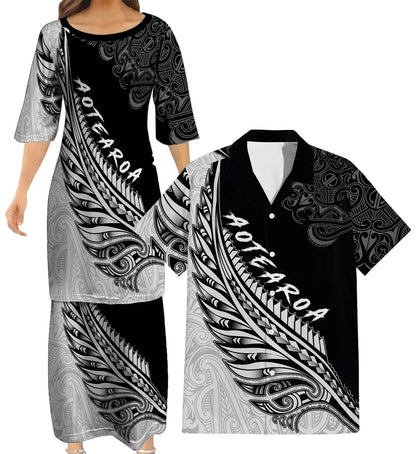 New Zealand Matching Outfit For Couple Silver Fern Aotearoa Puletasi Dress And Hawaiian Shirt For Her Him