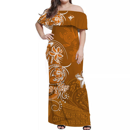 Custom Personalised Hawaii Off Shoulder Long Dress Polynesia Gold Sea Turtle Honu and Map