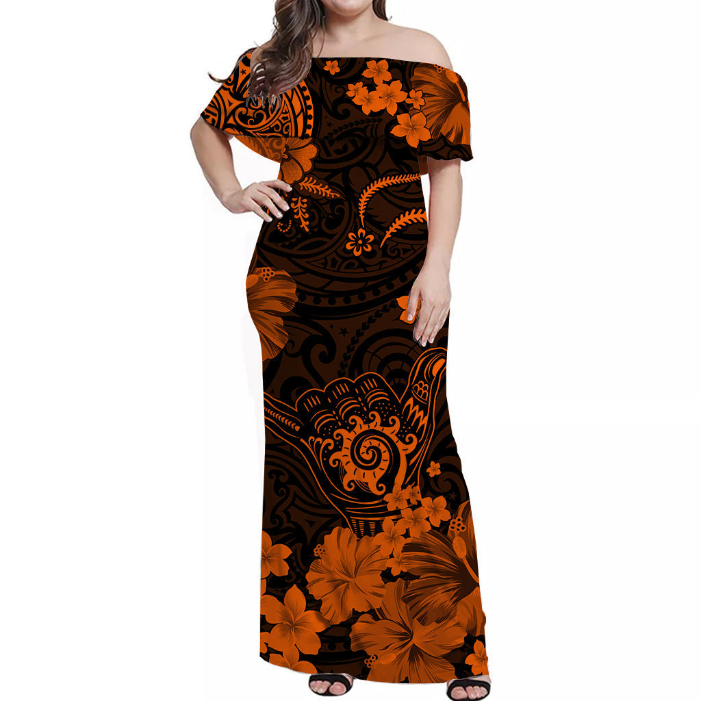 Hawaiian Matching Outfits For Couples Hawaii Combo Dress and Hawaiian Shirt Polynesia Orange Cool Shaka Sign