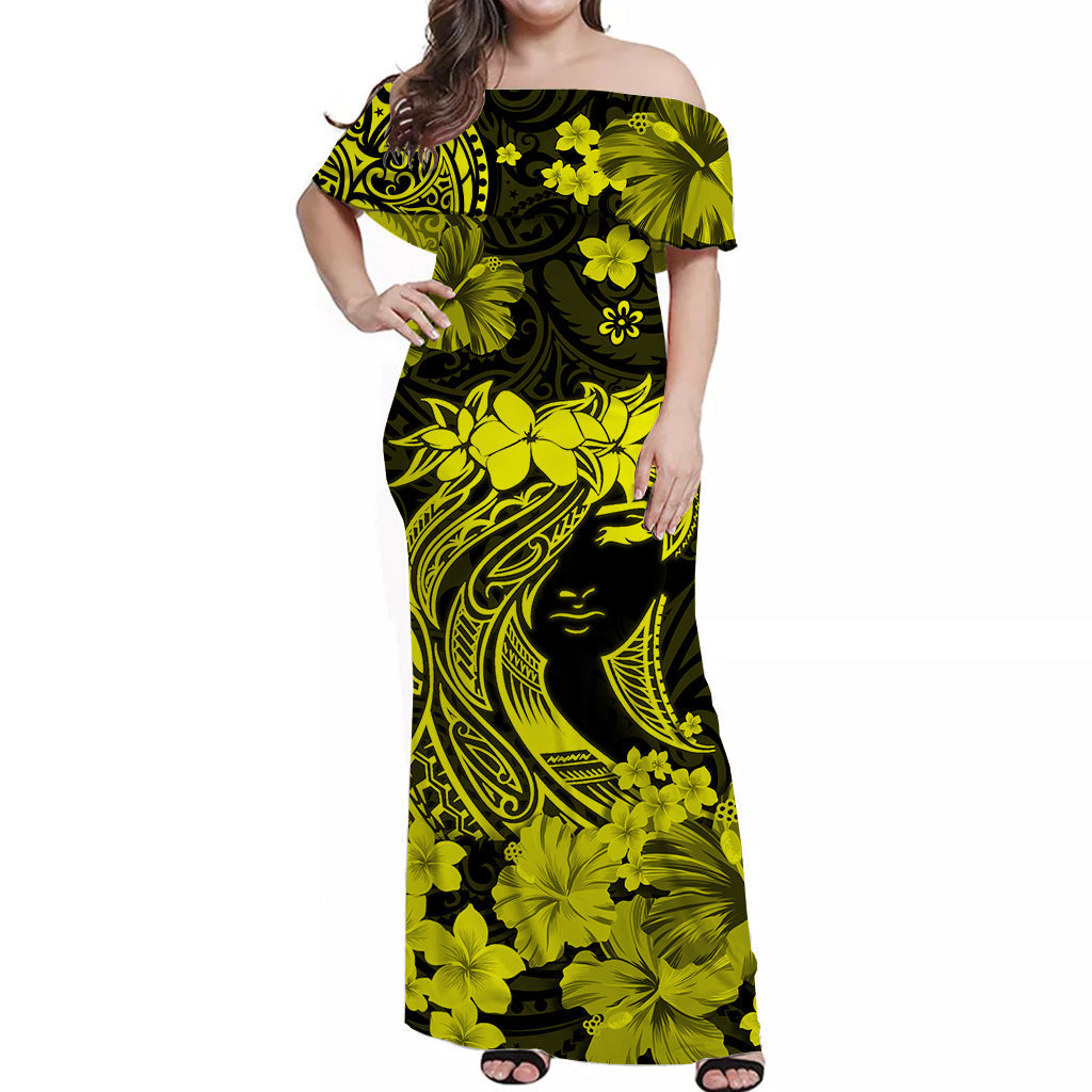 Hawaii Off Shoulder Long Dress Polynesia Yellow Attractive Hula Girl