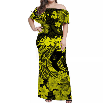 Hawaii Off Shoulder Long Dress Polynesia Yellow Attractive Hula Girl