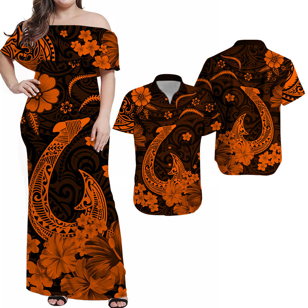 Hawaiian Matching Outfits For Couples Hawaii Combo Dress and Hawaiian Shirt Polynesia Orange Fish Hook