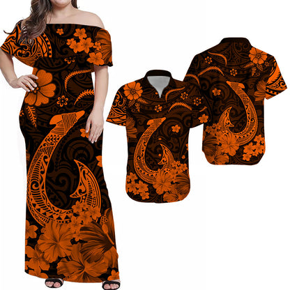 Hawaiian Matching Outfits For Couples Hawaii Combo Dress and Hawaiian Shirt Polynesia Orange Fish Hook