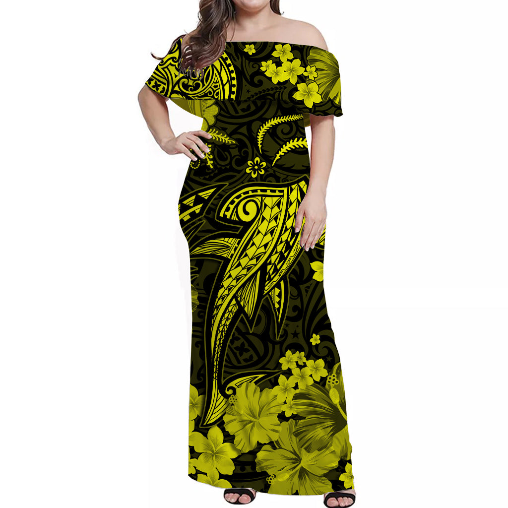 Hawaii Off Shoulder Long Dress Polynesia Yellow Shark