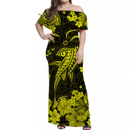 Hawaii Off Shoulder Long Dress Polynesia Yellow Shark