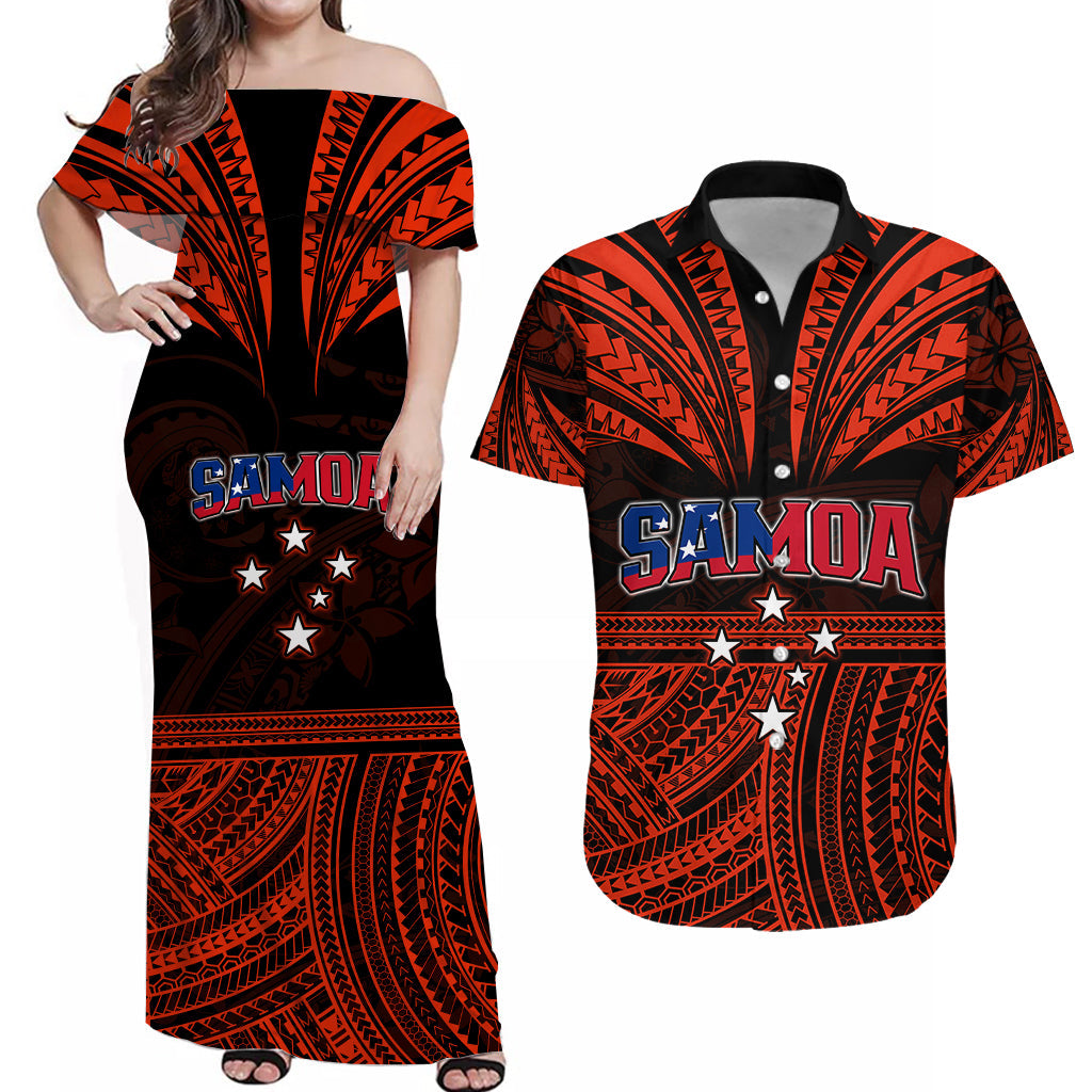 (Custom Personalised) Polynesian Couple Outfits Samoa Tatau Combo Dress and Hawaiian Shirt Red Polynesian Proud Samoan
