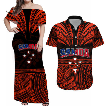 (Custom Personalised) Polynesian Couple Outfits Samoa Tatau Combo Dress and Hawaiian Shirt Red Polynesian Proud Samoan