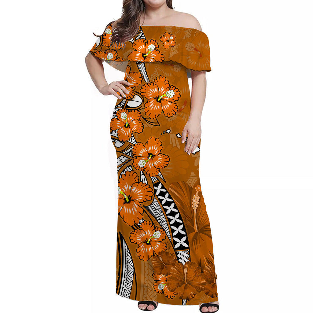 Custom Personalised Hawaii Off Shoulder Long Dress Polynesia Gold Hibiscus and Map Mystical