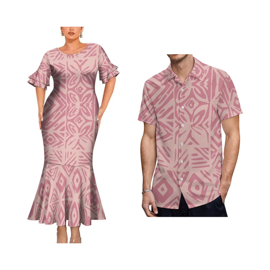 Polynesian Tribal Vintage Pattern Matching Outfit For Couple Bodycon Mermaid Dress and Shirt