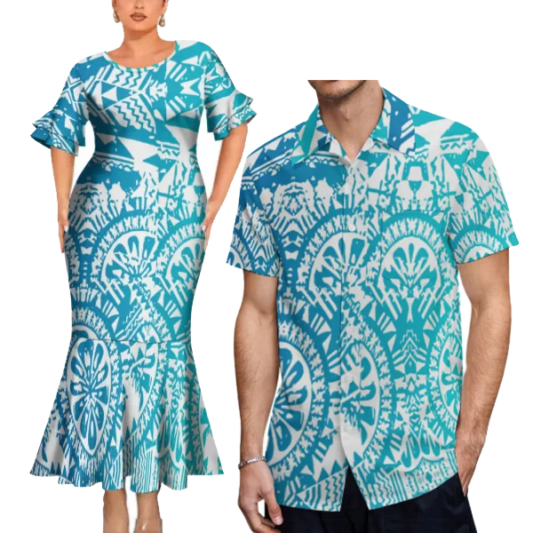 Tropical Island Pattern Polynesian Tribal Blue Outfit For Couple Fishtail Skirt Dress And Hawaiian Shirt