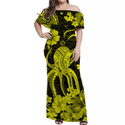 Hawaii Off Shoulder Long Dress Polynesia Yellow Octopus