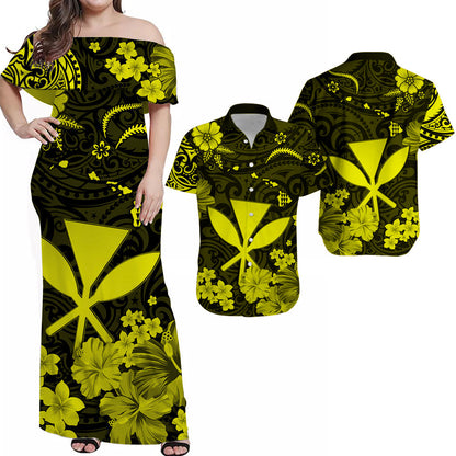 Hawaiian Matching Outfits For Couples Hawaii Combo Dress and Hawaiian Shirt Polynesia Yellow Kanaka Maoli