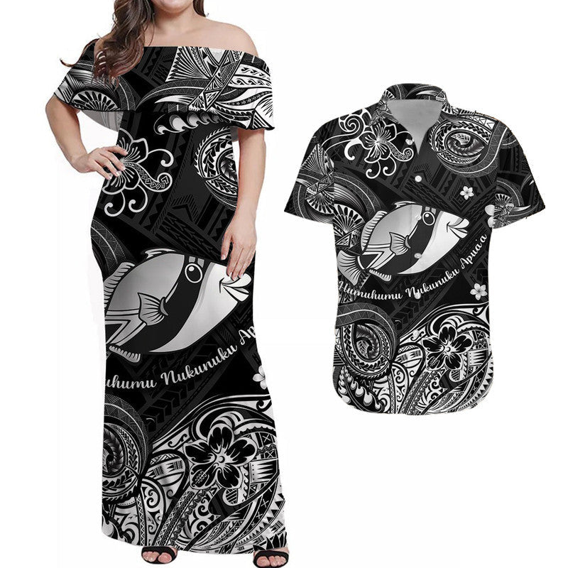 Hawaii State Fish: Humuhumu Nukunuku Apuaa Polynesian Combo Dress and Hawaiian Shirt Matching Couples Outfit Unique Style Black