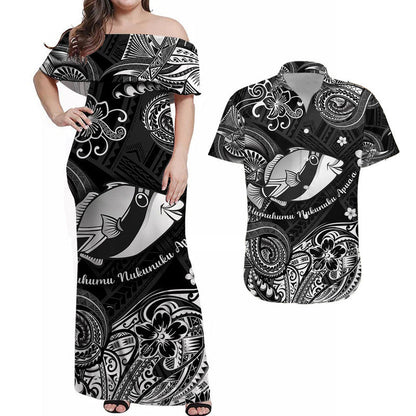 Hawaii State Fish: Humuhumu Nukunuku Apuaa Polynesian Combo Dress and Hawaiian Shirt Matching Couples Outfit Unique Style Black