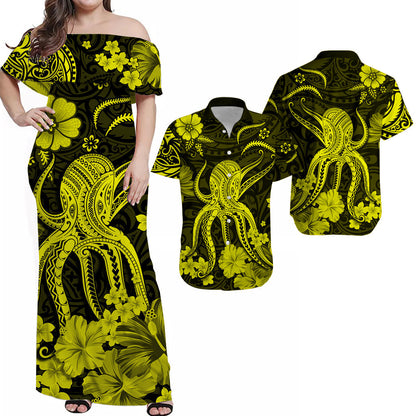 His And Her Hawaiian Matching Outfits Hawaii Combo Polynesia Yellow Octopus Dress and Hawaiian Shirt