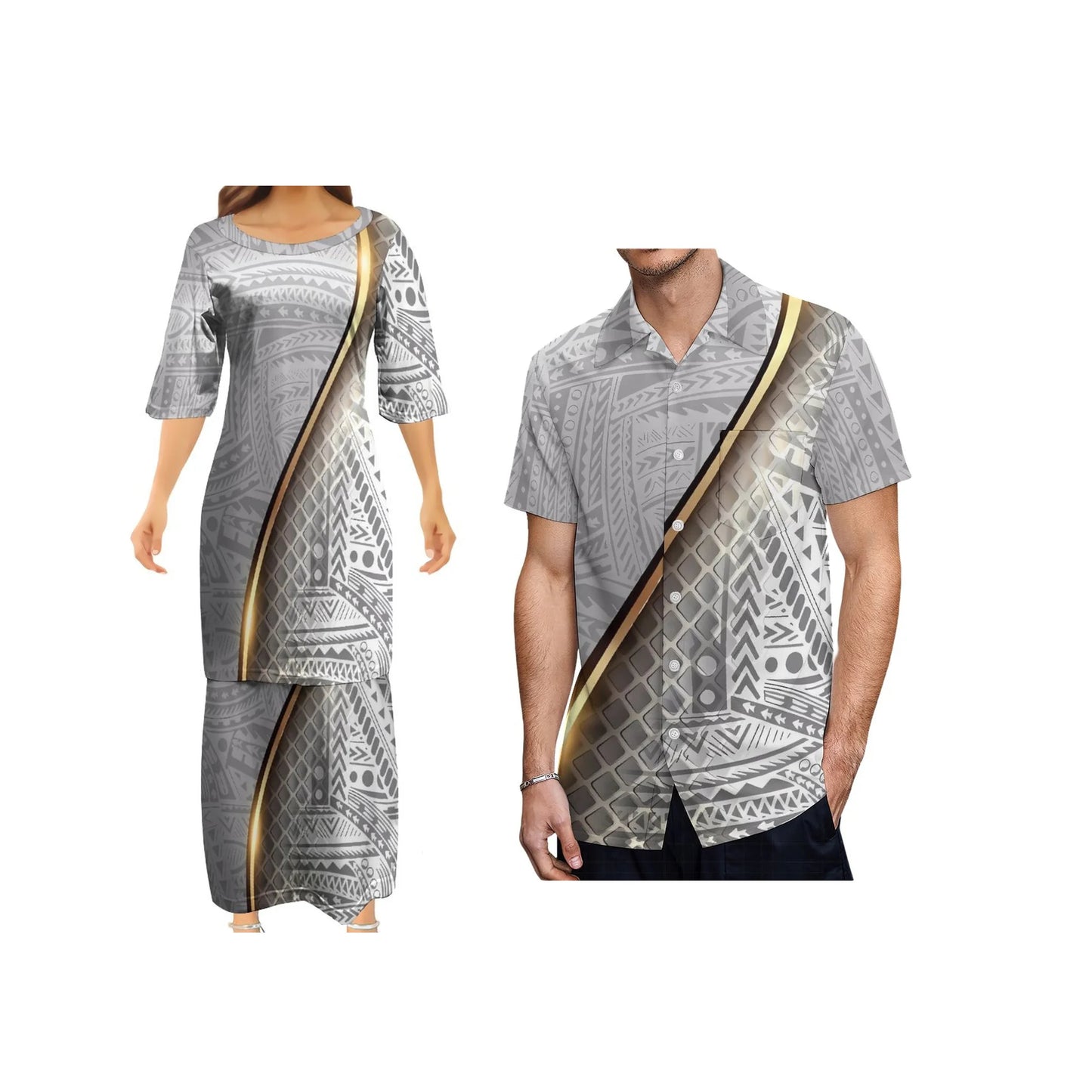 Polynesian Tribal Tropical Flowers Pattern Curve Style Couple Outfit Matching Island Brown Dress And Hawaiian Shirt