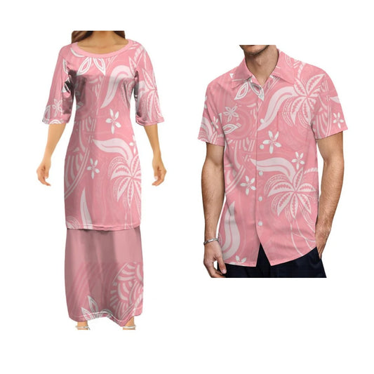 Polynesian Tribal Pattern Printed Pink Matching Outfit Couple Set Women's Dress Men's Shirt