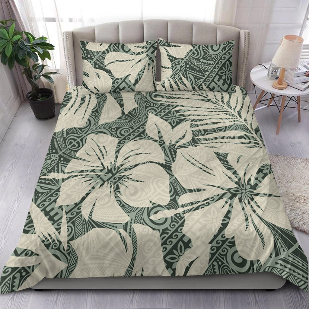 Polynesian Bedding Set Abstract Hibiscus Flowers With Tribal Background