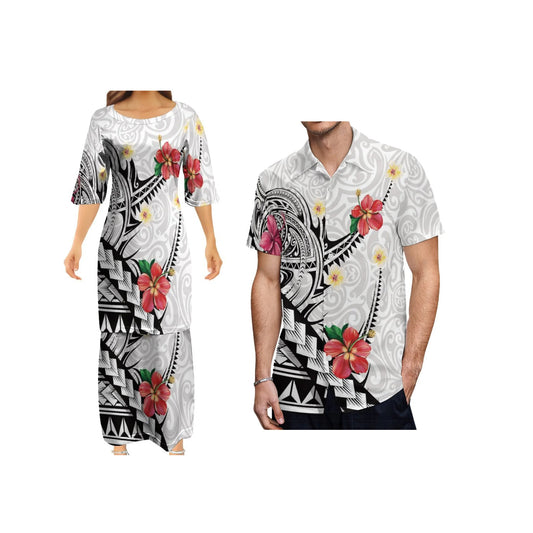 Polynesian Tribal Tropical Flowers Pattern White Couple Outfit Matching Island Brown Dress And Hawaiian Shirt