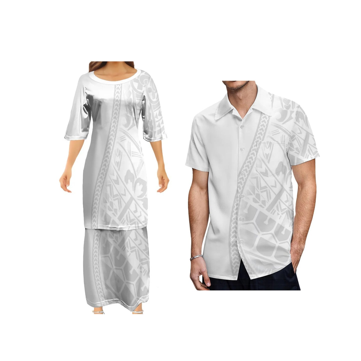 Polynesian Pattern Traditional White Puletasi Dress Two-Piece Polynesian Tribal Matching Pair Outfit Matching Hawaiian Men's Shirt