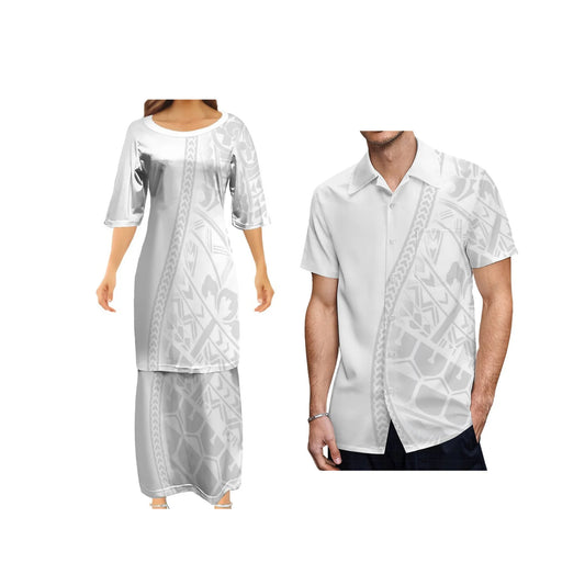 Polynesian Pattern Traditional White Puletasi Dress Two-Piece Polynesian Tribal Matching Pair Outfit Matching Hawaiian Men's Shirt