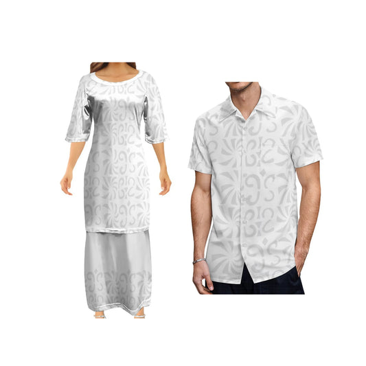 Polynesian Tribal Pattern Traditional White Puletasi Dress Two-Piece Polynesian Tribal Matching Pair Outfit Matching Hawaiian Men's Shirt