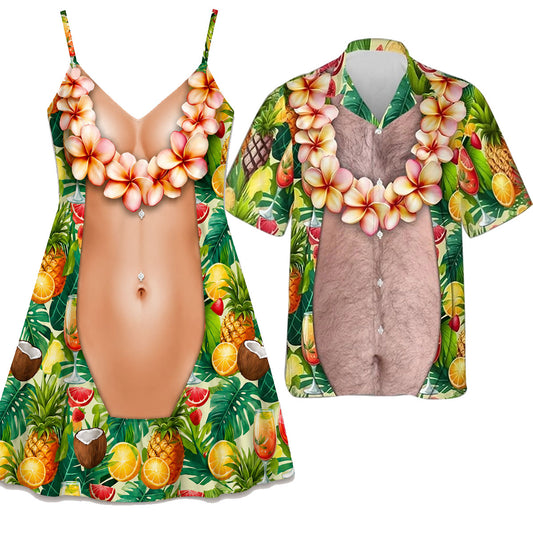 Funny Couple Matching Outfit Polynesian Tropical Fruits Pattern Women Strap Short Swing Dress And Big Belly Shirt