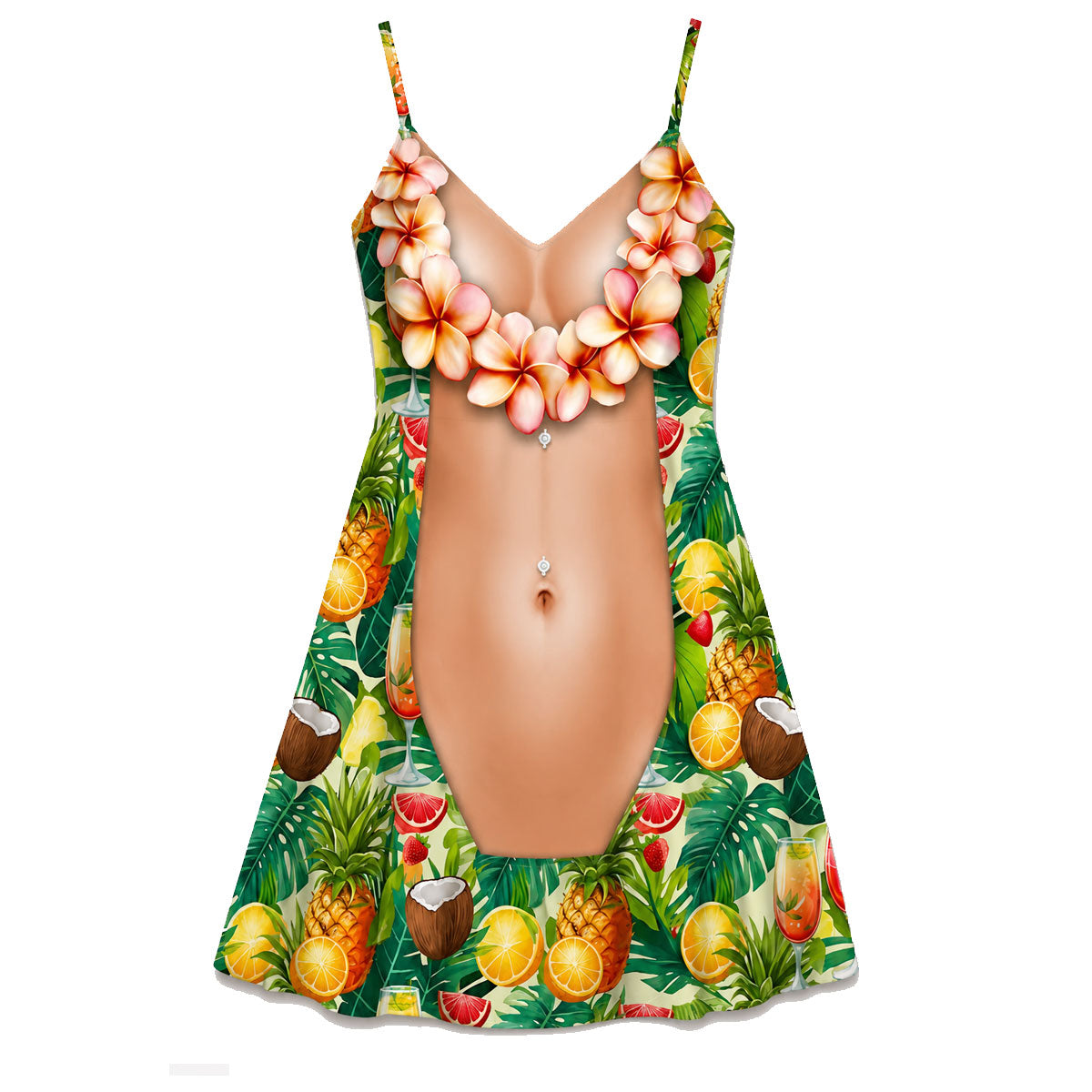 Funny Couple Matching Outfit Polynesian Tropical Fruits Pattern Women Strap Short Swing Dress And Big Belly Shirt