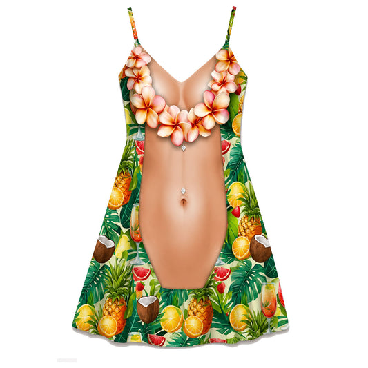 Funny Couple Matching Outfit Polynesian Tropical Fruits Pattern Women Strap Short Swing Dress And Big Belly Shirt