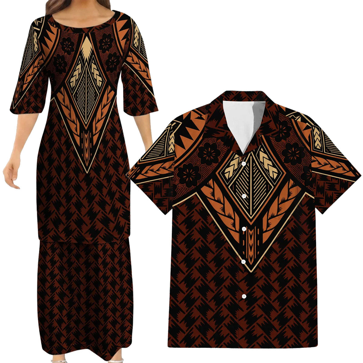 Vintage Polynesian Tribal Pattern Matching Outfit For Couple Island Puletasi Dress And Hawaiian Shirt For Her Him