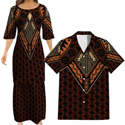 Vintage Polynesian Tribal Pattern Matching Outfit For Couple Island Puletasi Dress And Hawaiian Shirt For Her Him