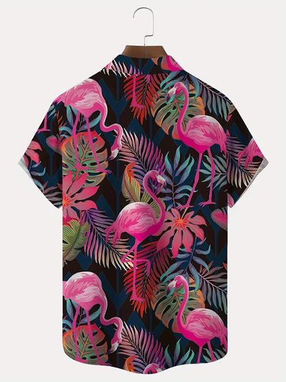 Flamingo Pattern Hawaiian Shirt Tropical Beach Short Sleeve Button Printed Shirt For Him