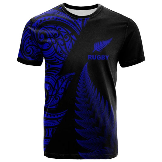 Blue New Zealand Maori Rugby T Shirt Unisex Polynesian Silver Fern Leaf Shirt Round Neck Short Sleeves Tops