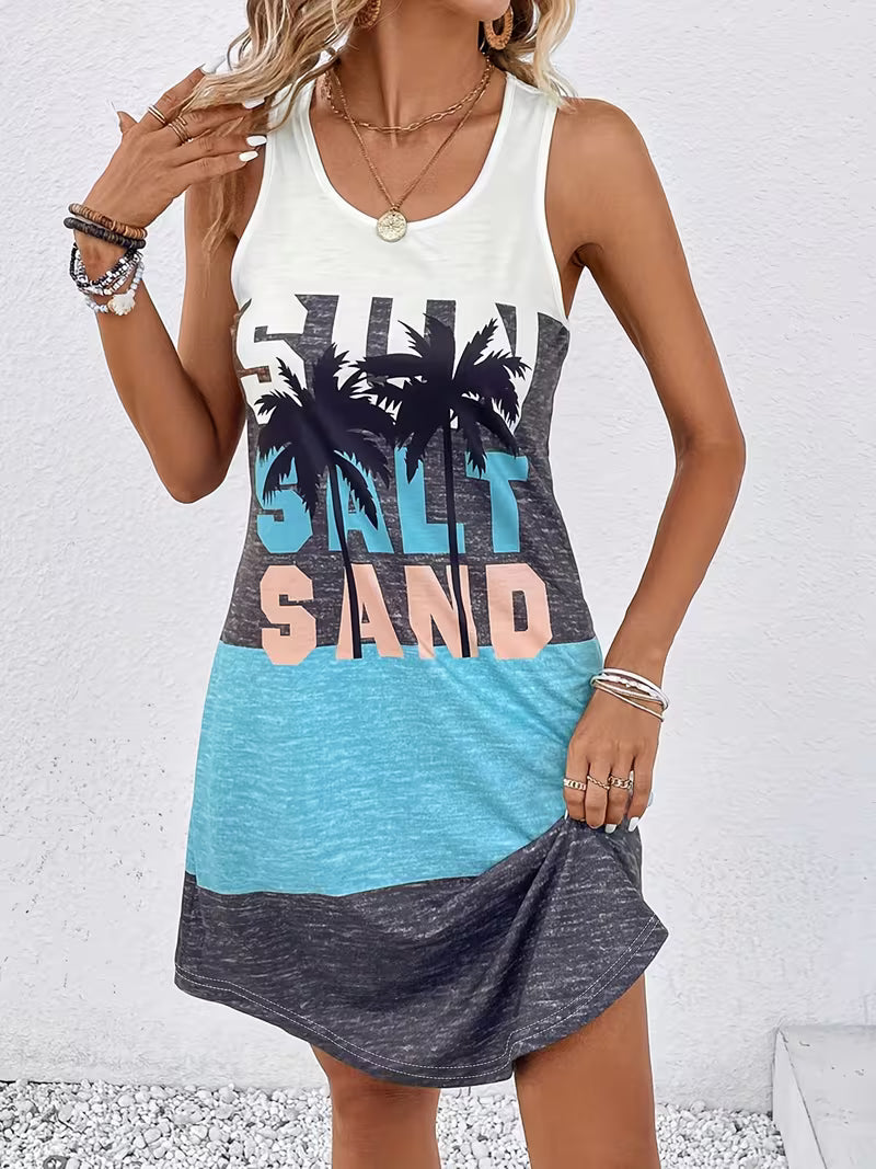 Sun Salt Sand Round Neck High Stretch Dress Tropical Tank Dress Beach Women's Clothing
