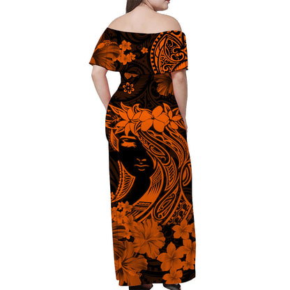 Hawaii Off Shoulder Long Dress Polynesia Orange Attractive Hula Girl