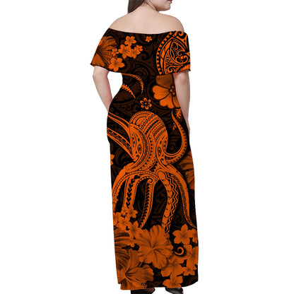 Hawaii Off Shoulder Long Dress Polynesia Orange Octopus