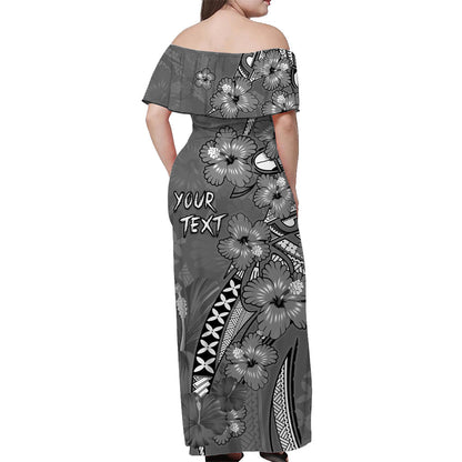 Custom Personalised Hawaii Off Shoulder Long Dress Polynesia Gray Hibiscus and Map Mystical